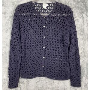 Garnet Hill Linen Cotton Beaded Open Knit Cardigan Small Blue Gray Quiet Luxury